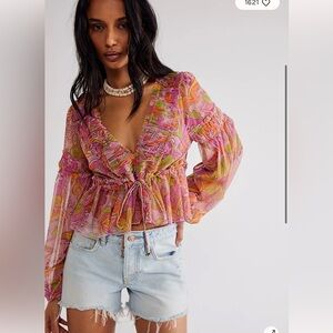 Vintage Free People Pink Paisley Ruffle Tie-Front Peplum Blouse